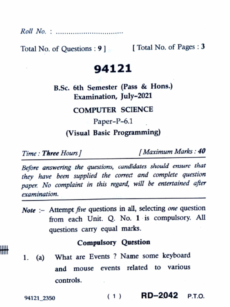Visual Basic Programming Exam Questions | PDF