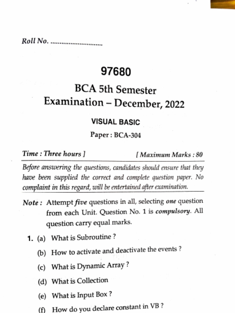 BCA 5th Sem Visual Basic Exam Paper | PDF | Computer Programming ...