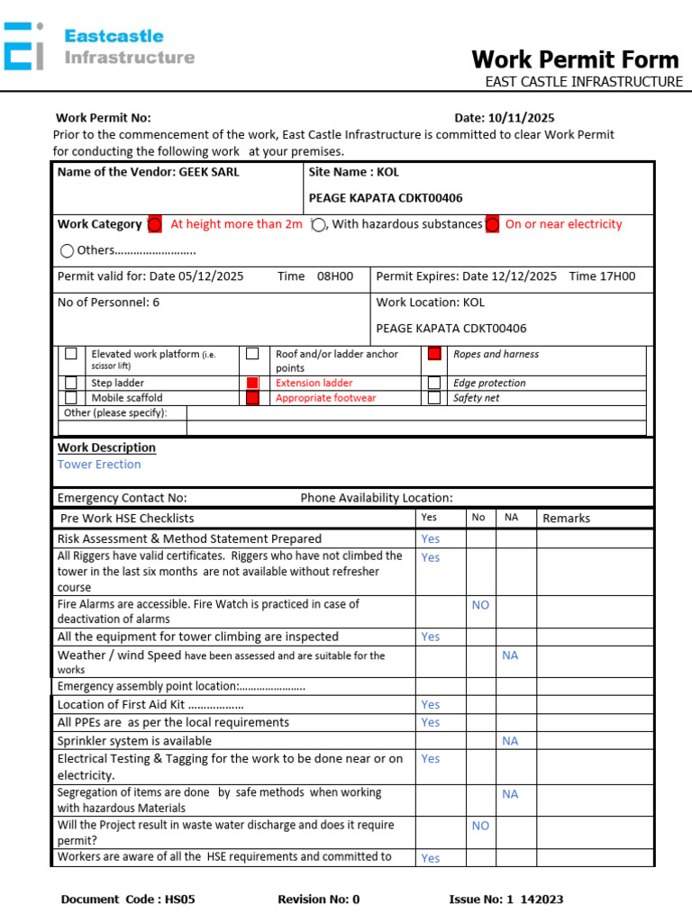 Work Permit Form | PDF | Personal Protective Equipment | Safety