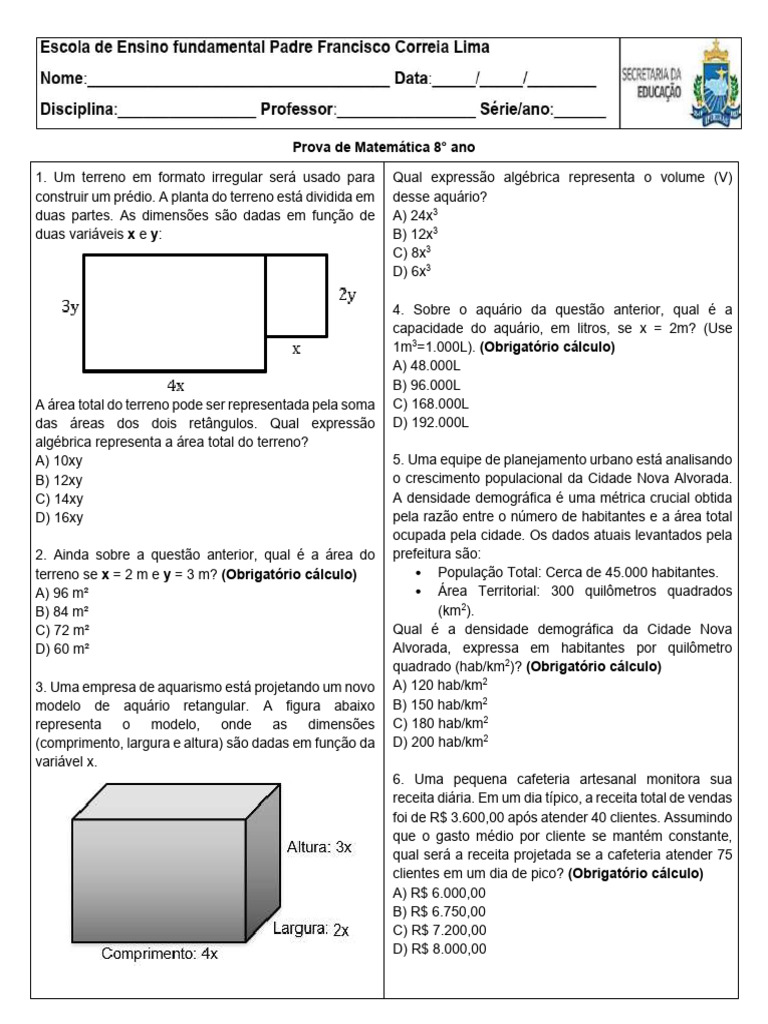 Prova 8 Ano 3 Bimestre | PDF | Cálculo