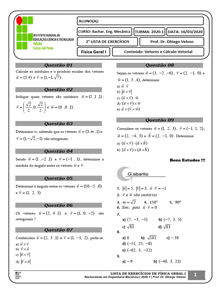 Exercícios de Vetores em Física Geral I | PDF | Vetor euclidiano | Mecânica