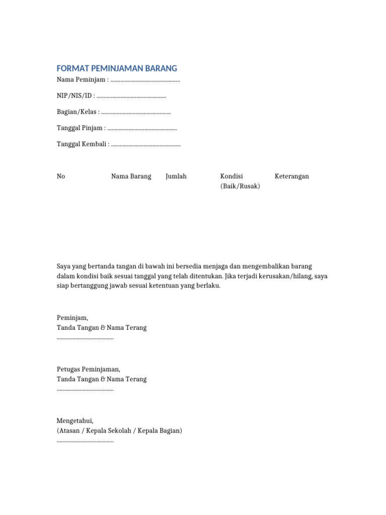 Template Peminjaman Barang | PDF