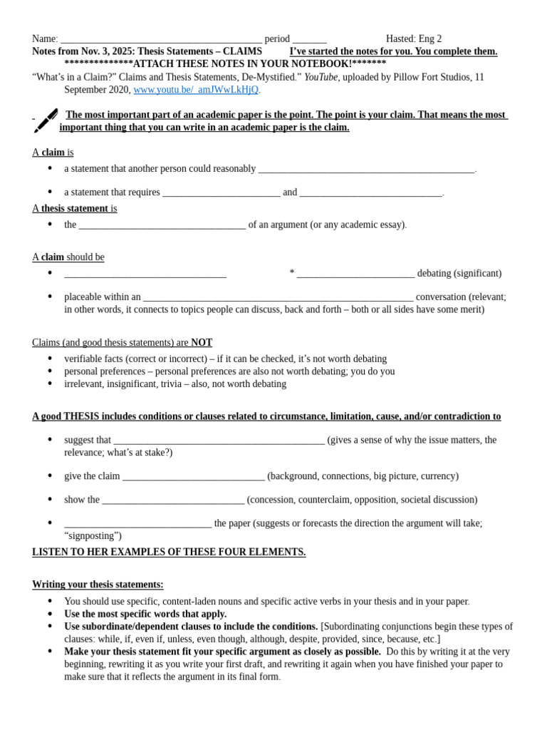 11-3-25 Notes - Thesis Statements - Claims - Student Version | PDF ...