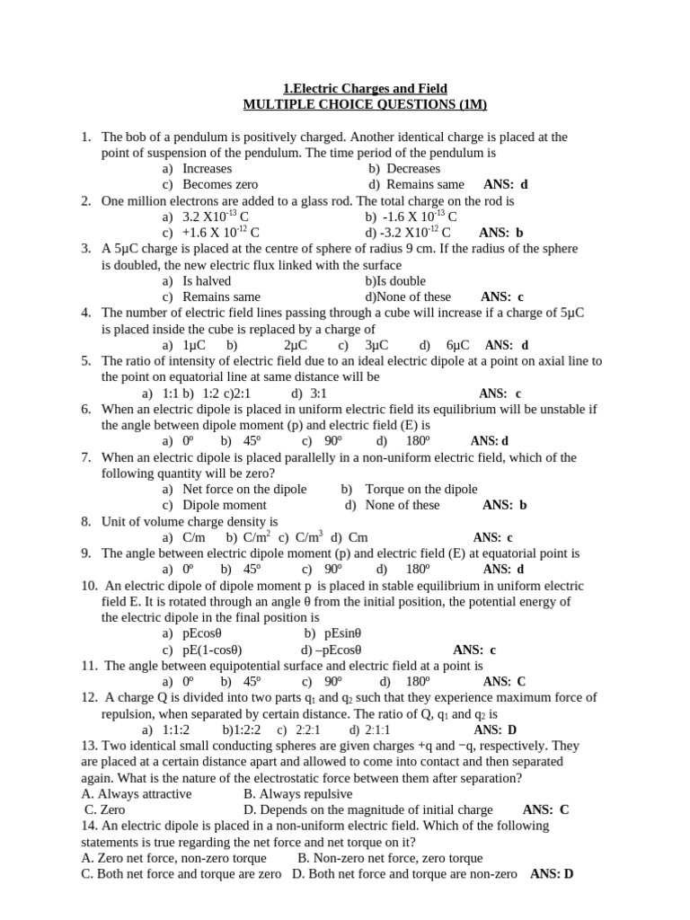 Electric Charges and Fields Quiz Questions | PDF | Electric Field | Force