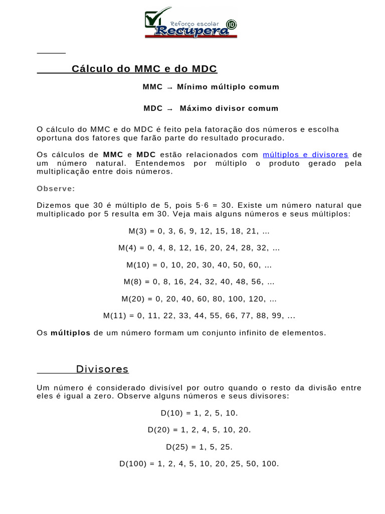 Cálculo de MMC e MDC: Métodos e Exemplos | PDF | Matemática | Teoria ...