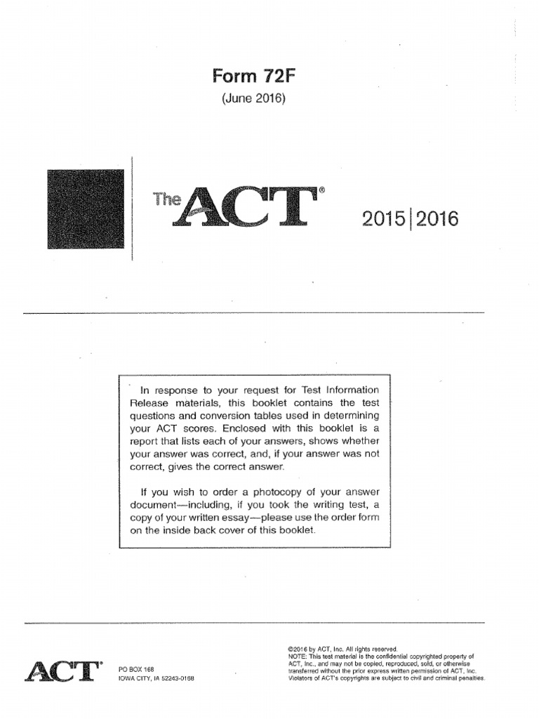 ACT June 2016 Form 72F | PDF