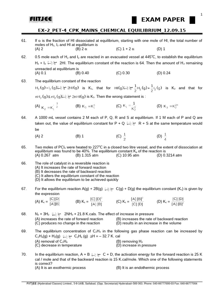 Chemical Equilibrium Exam Questions | PDF | Chemical Equilibrium ...