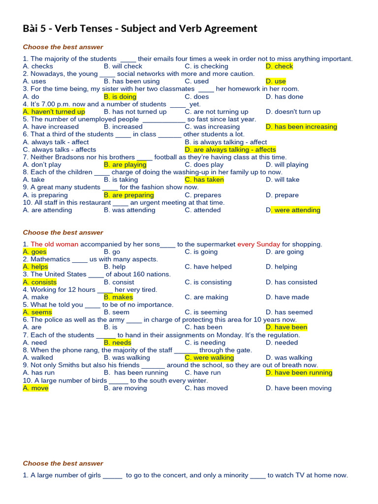 Bài 5-Verb Tenses - Subject and Verb Agreement KEY | PDF