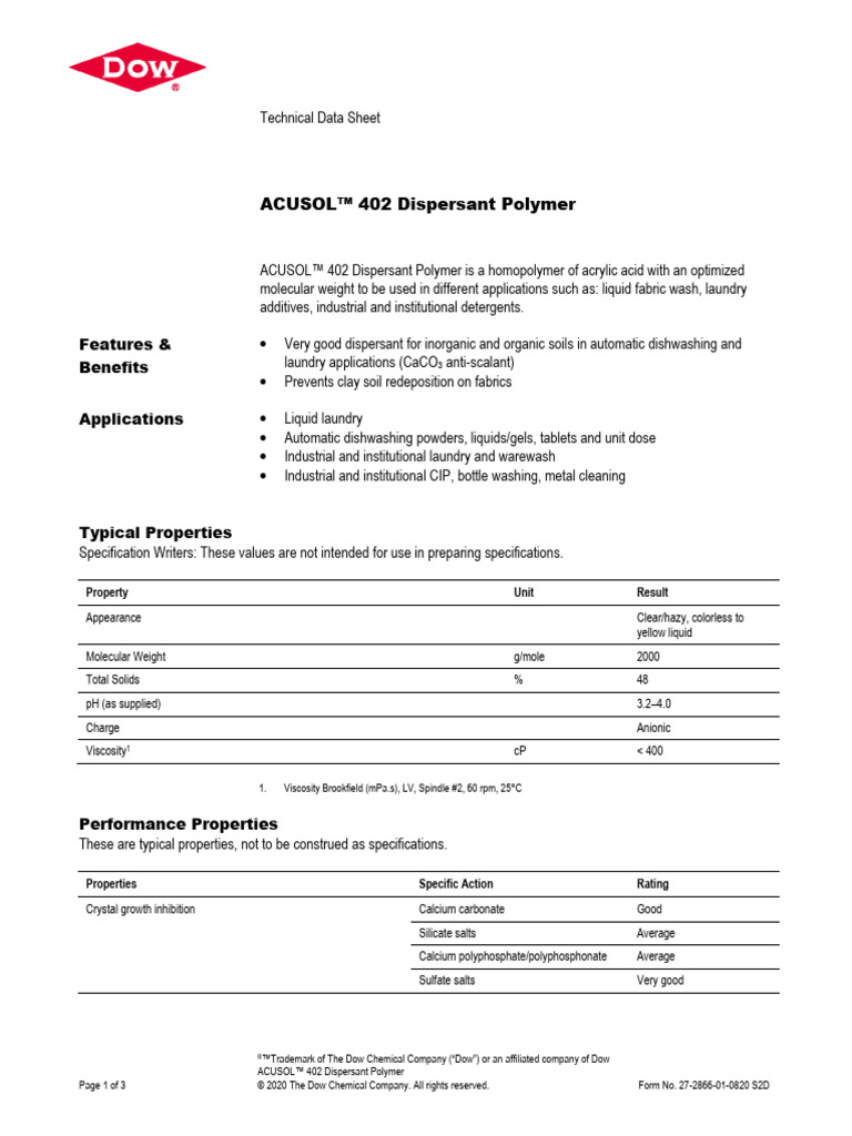 ACUSOL 402 Dispersant Polymer Overview | PDF | Salt (Chemistry) | Dow ...
