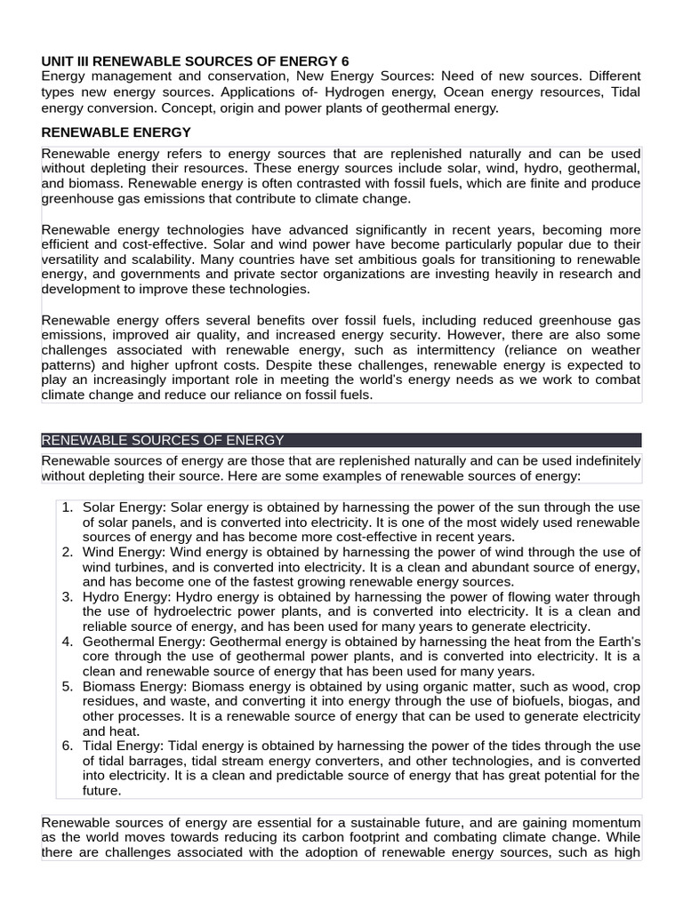 Unit Iii Renewable Sources of Energy 6 | PDF | Renewable Energy