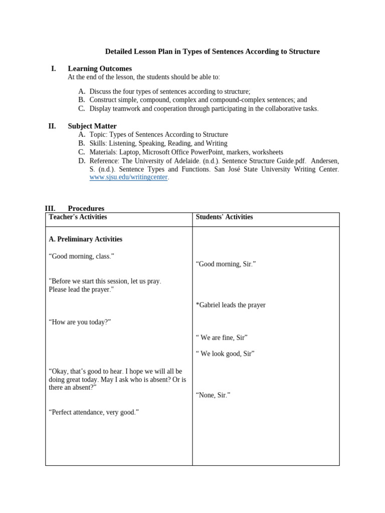 Types of Sentences Lesson Plan | PDF | Sentence (Linguistics) | Subject ...