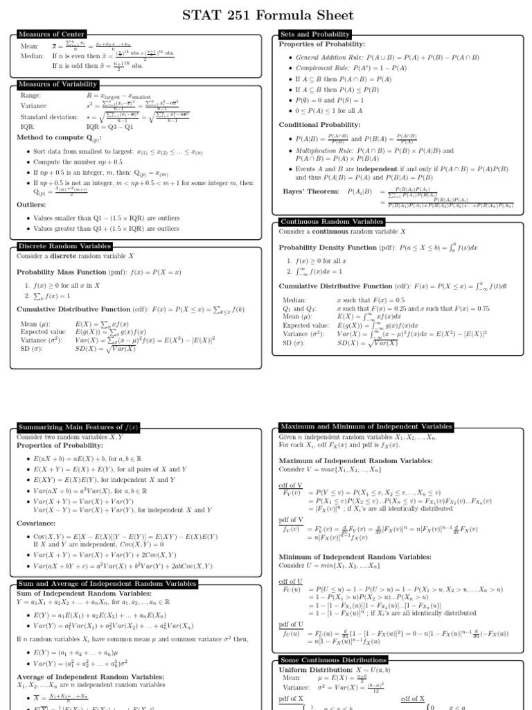 STAT 251 Essential Formula Sheet | PDF | Estimator | Errors And Residuals