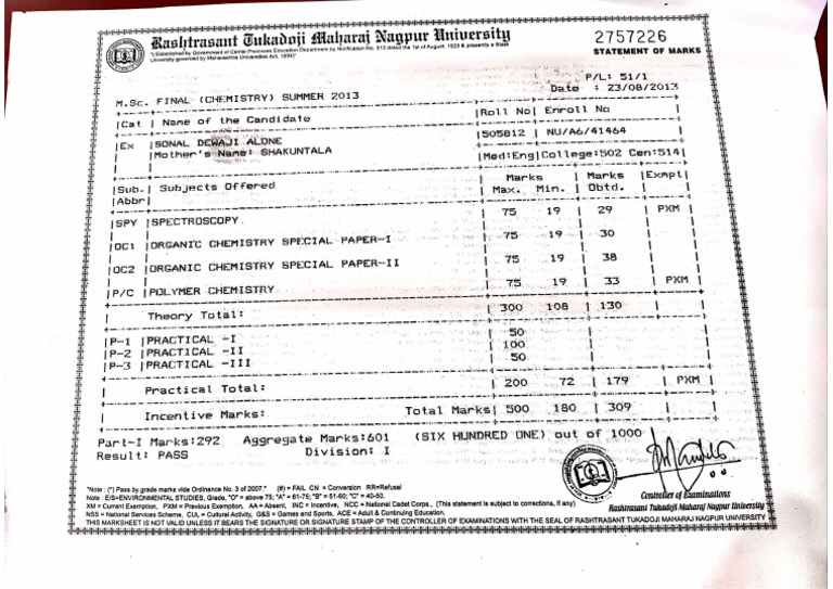 MSC Marksheet 2nd Year | PDF