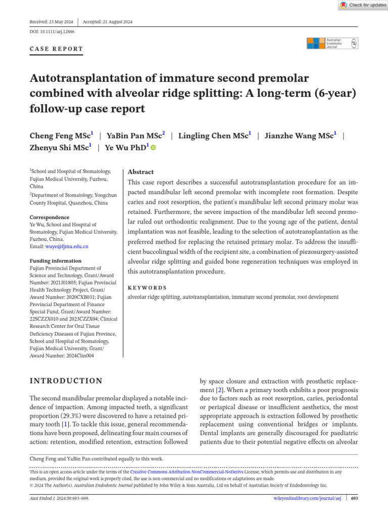 Aust Endodontic J - 2024 - Feng - Autotransplantation of Immature ...