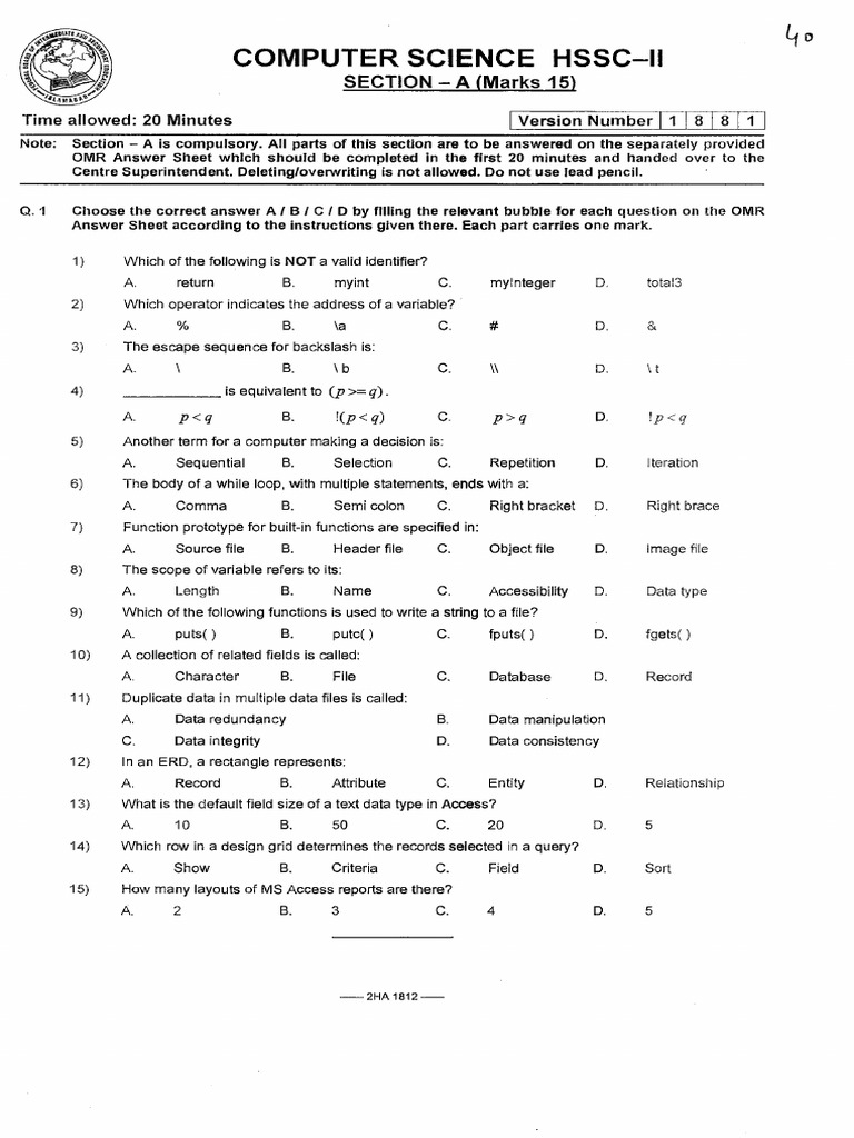 Class 12 Computer Science Past Paper 2018 (1) | PDF