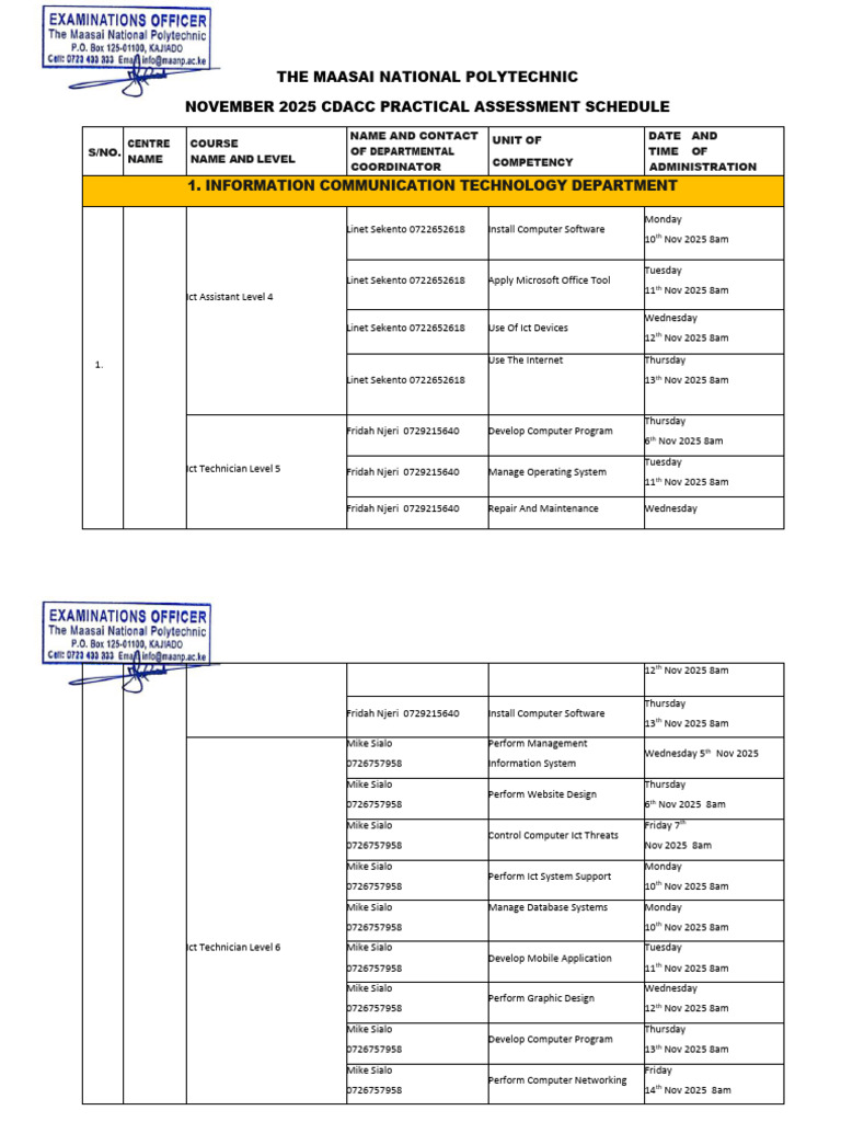 Maasai Polytechnic November 2025 Assessment Schedule | PDF ...