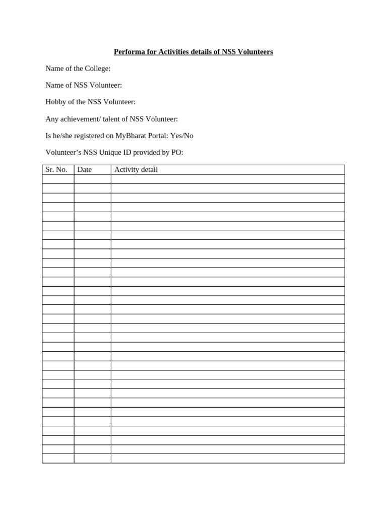 NSS Volunteer Activity Performa Template | PDF