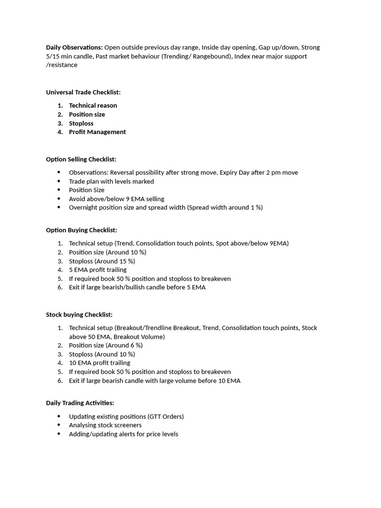 Daily Trading Checklist and Strategies | PDF
