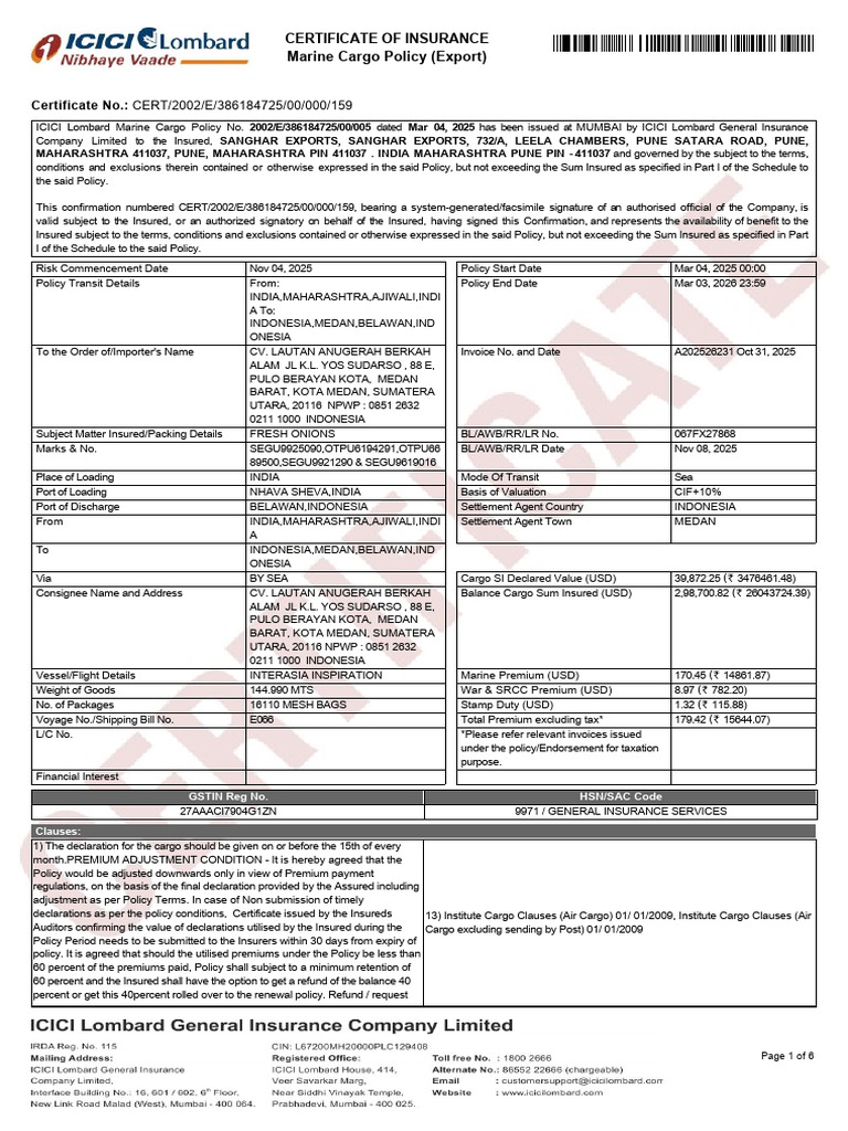 ICICI Lombard Marine Cargo Insurance Certificate | PDF | Insurance