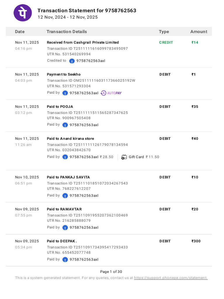 Transaction Statement for 9758762563 | PDF | Credit Card | Debit Card