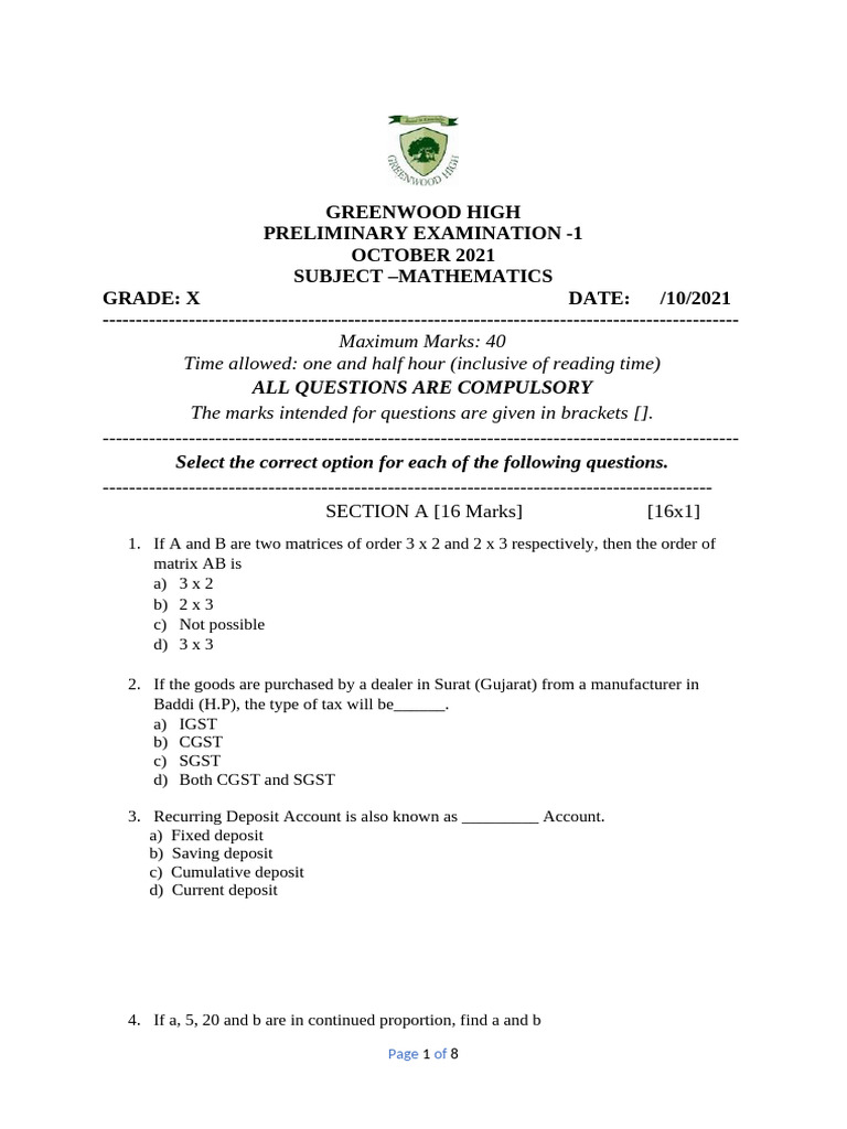 Grade X Mathematics Preliminary Exam | PDF | Polynomial | Abstract Algebra