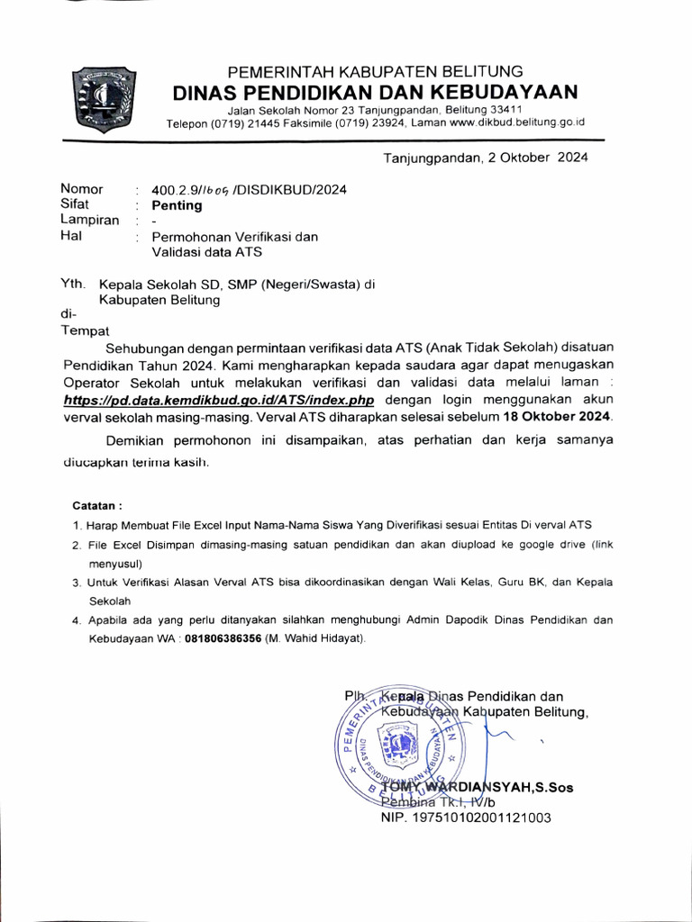 Verifikasi Data ATS Sekolah Belitung 2024 | PDF