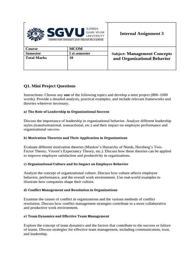 Mini Project Topics on Management Concepts | PDF | Organizational ...