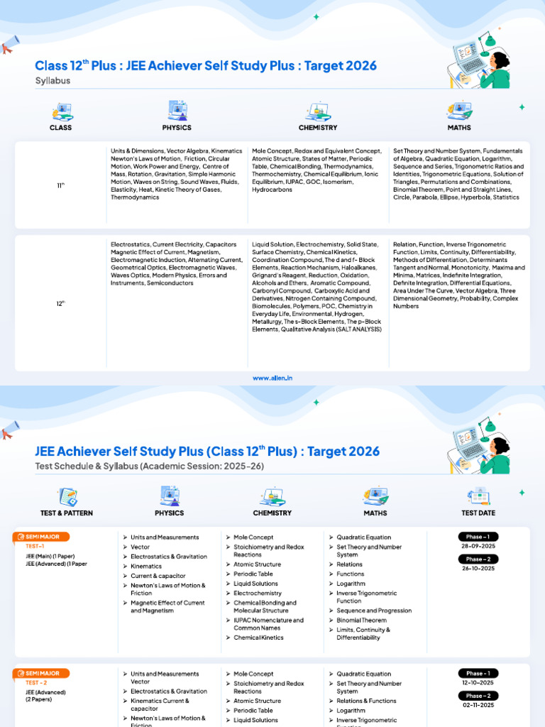 JEE Achiever Self Study Plus PHASE 1 2 Class 12th Plus Target 2026 | PDF