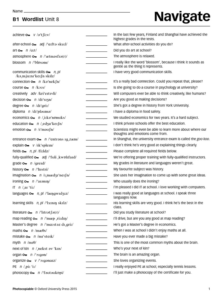 B1 Wordlist Unit 8 Vocabulary Guide | PDF | Cognition | Learning