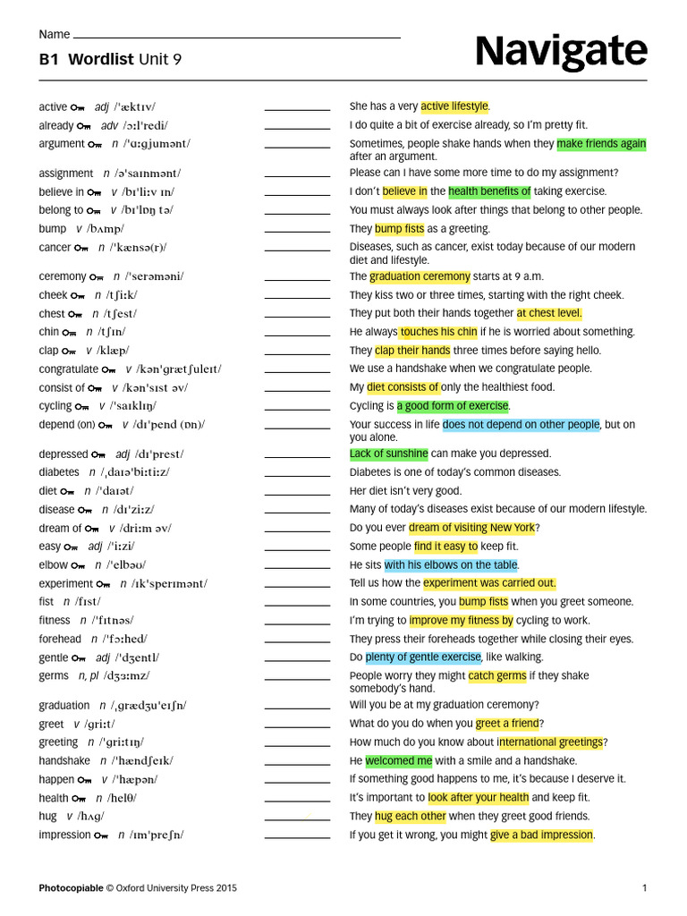 B1 Vocabulary Wordlist Unit 9 | PDF