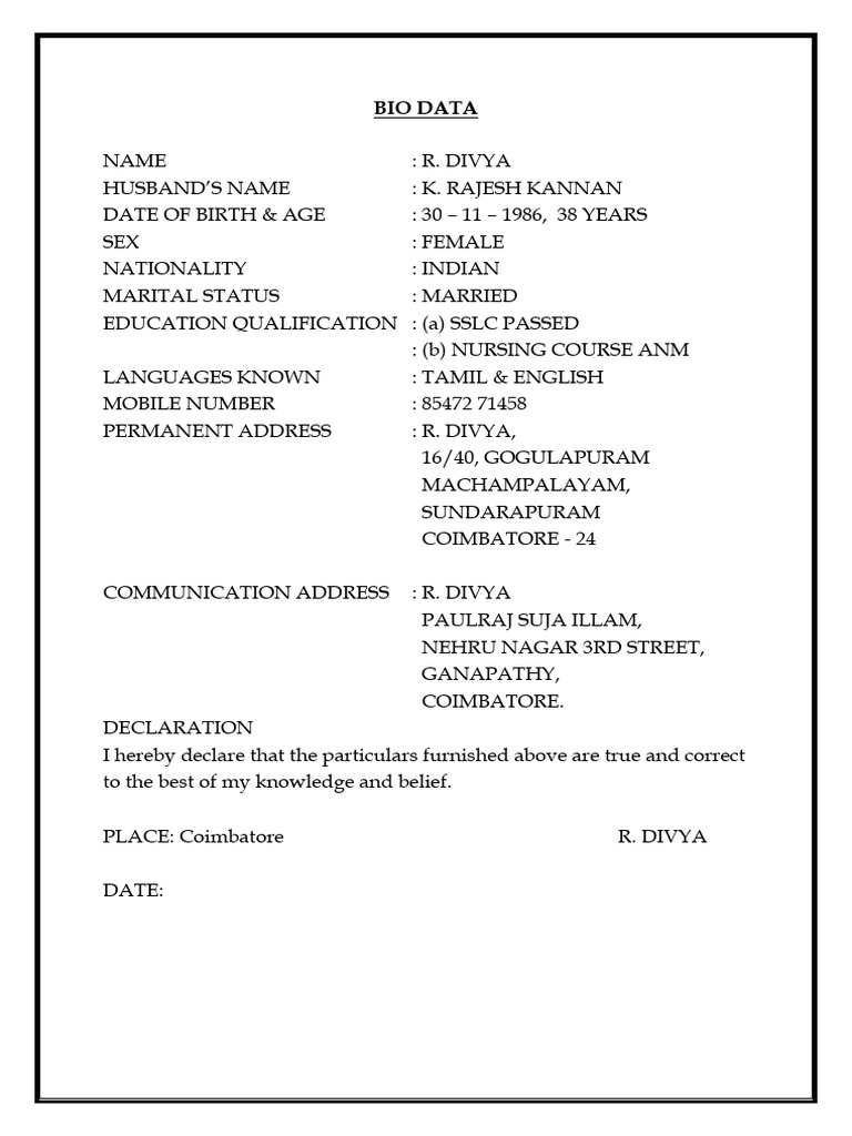 R. Divya Bio Data Summary | PDF