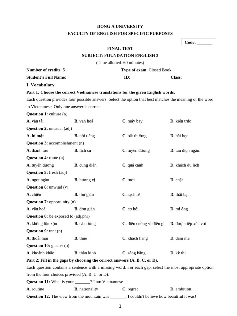 Foundation English 3 Final Test Guide | PDF | Foods | Cuisine
