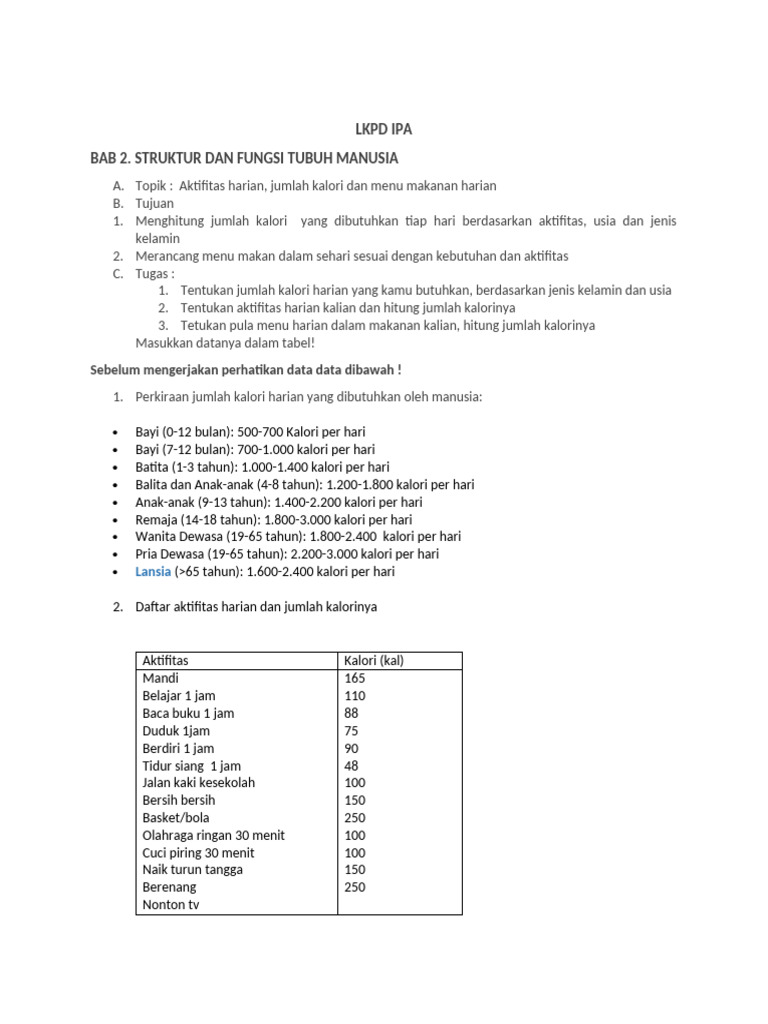 Hitung Kalori dan Menu Sehari Manusia | PDF