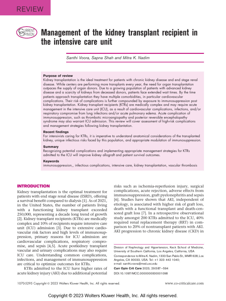 ICU Management of Kidney Transplant Recipients | PDF | Kidney ...
