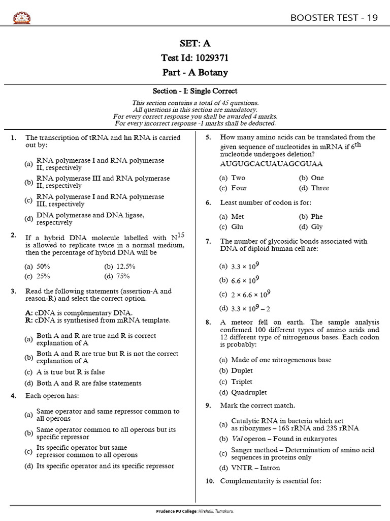 Booster Test 19 A Testpaper 1763045813 | PDF | Translation (Biology ...