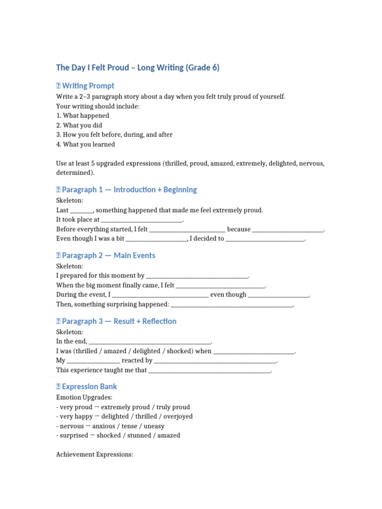 Grade6 LongWriting TheDayIFeltProud | PDF