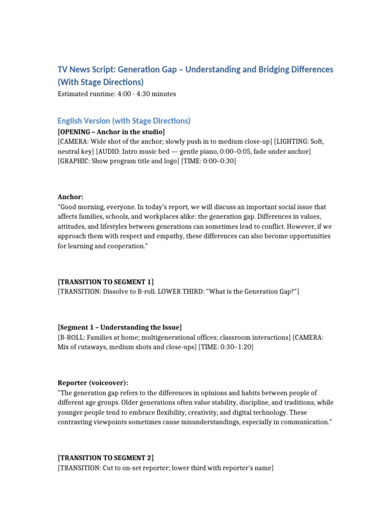 Generation Gap TV News Script With Directions | PDF