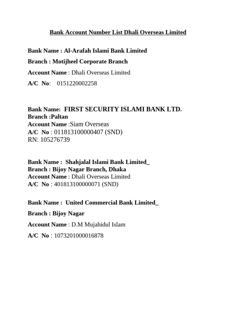 Bank Account Numbers for Dhali Overseas | PDF