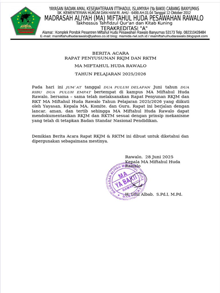 Rapat Penyusunan RKJM RKTM MA Miftahul Huda | PDF