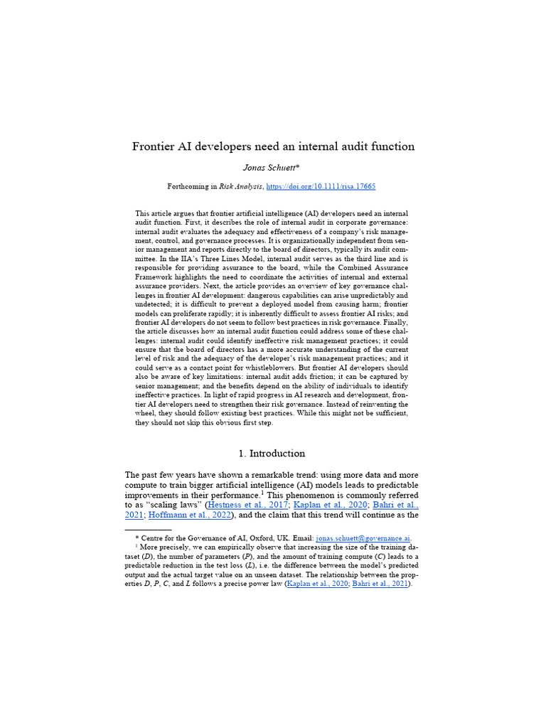 Internal Audit for Frontier AI Developers | PDF | Internal Audit ...