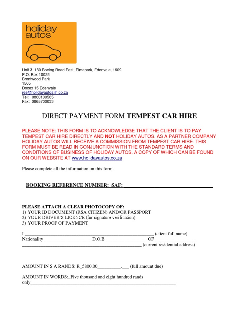 Direct Payment Form-Tempest Car Hire - pdf3 | PDF | Business