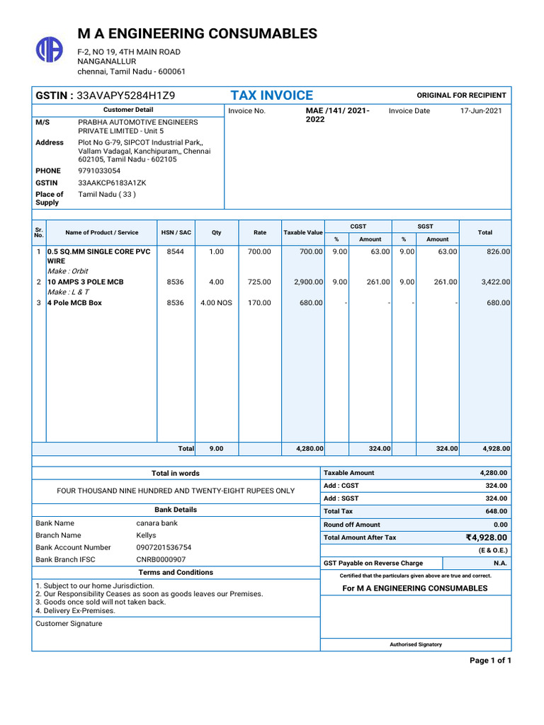 Invoice 141 Prabha Automotive Engineers Private Limited Unit 5 | PDF ...