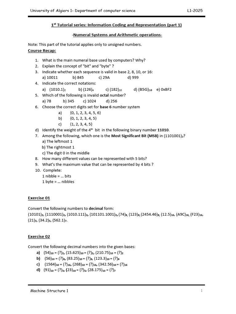 TUTO1_Numeral Systems-Arithmetic Operations | PDF | Bit | Numbers