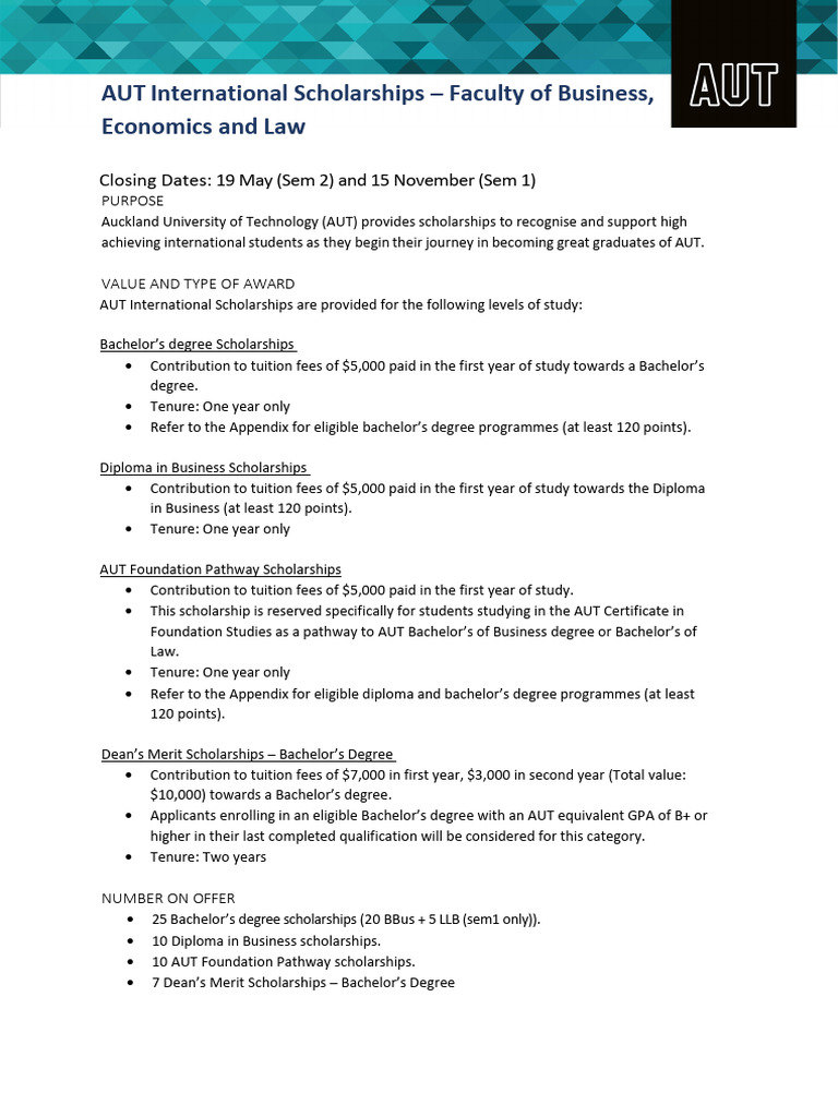 AUT International Scholarships Business Regulations S1 2025 | PDF ...