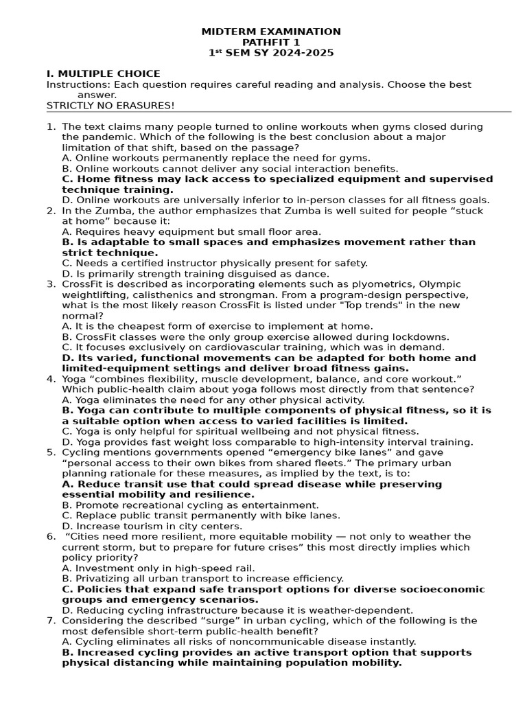 Midterm Examination Pathfit 1 | PDF | Physical Fitness | Strength Training