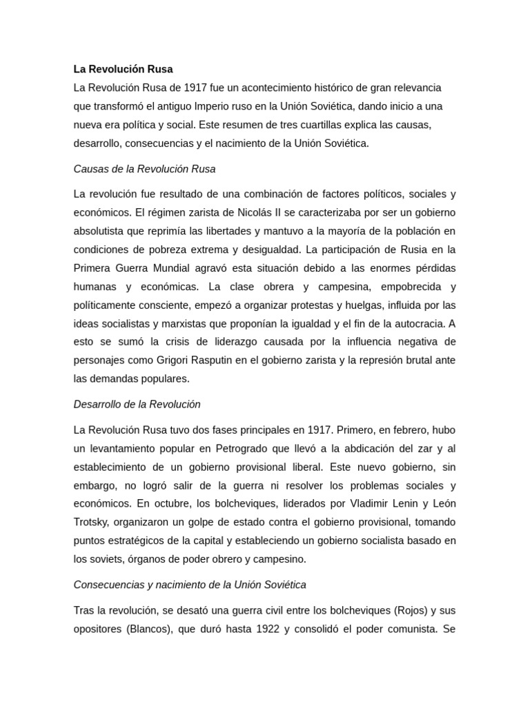 Causas y Consecuencias de la Revolución Rusa | PDF | revolución rusa ...