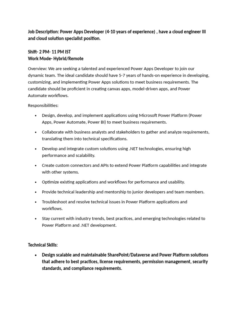 Power Apps Developer Job Description | PDF | Share Point | Cloud Computing