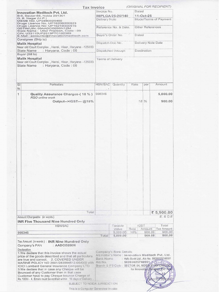 Malik Hospital, Hansi, Hisar-Invoice | PDF