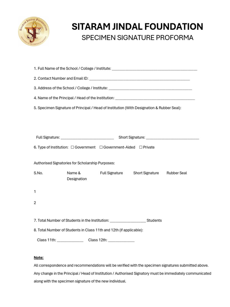 Specimen Signature Proforma for Schools | PDF