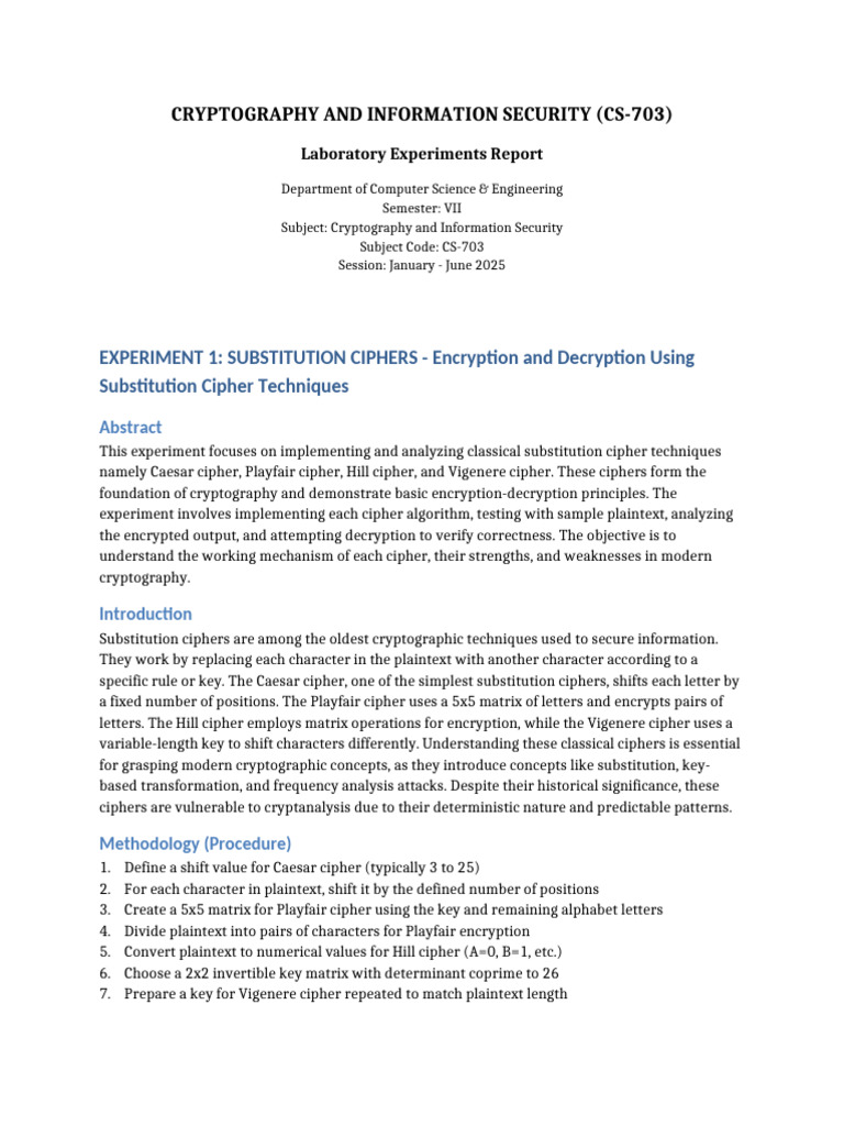 Cryptography Lab Report: Ciphers & DES | PDF | Cipher | Cryptography